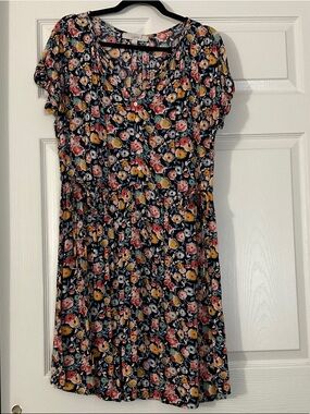 LOFT Navy Floral Button-Front Dress with Multicolor Blooms